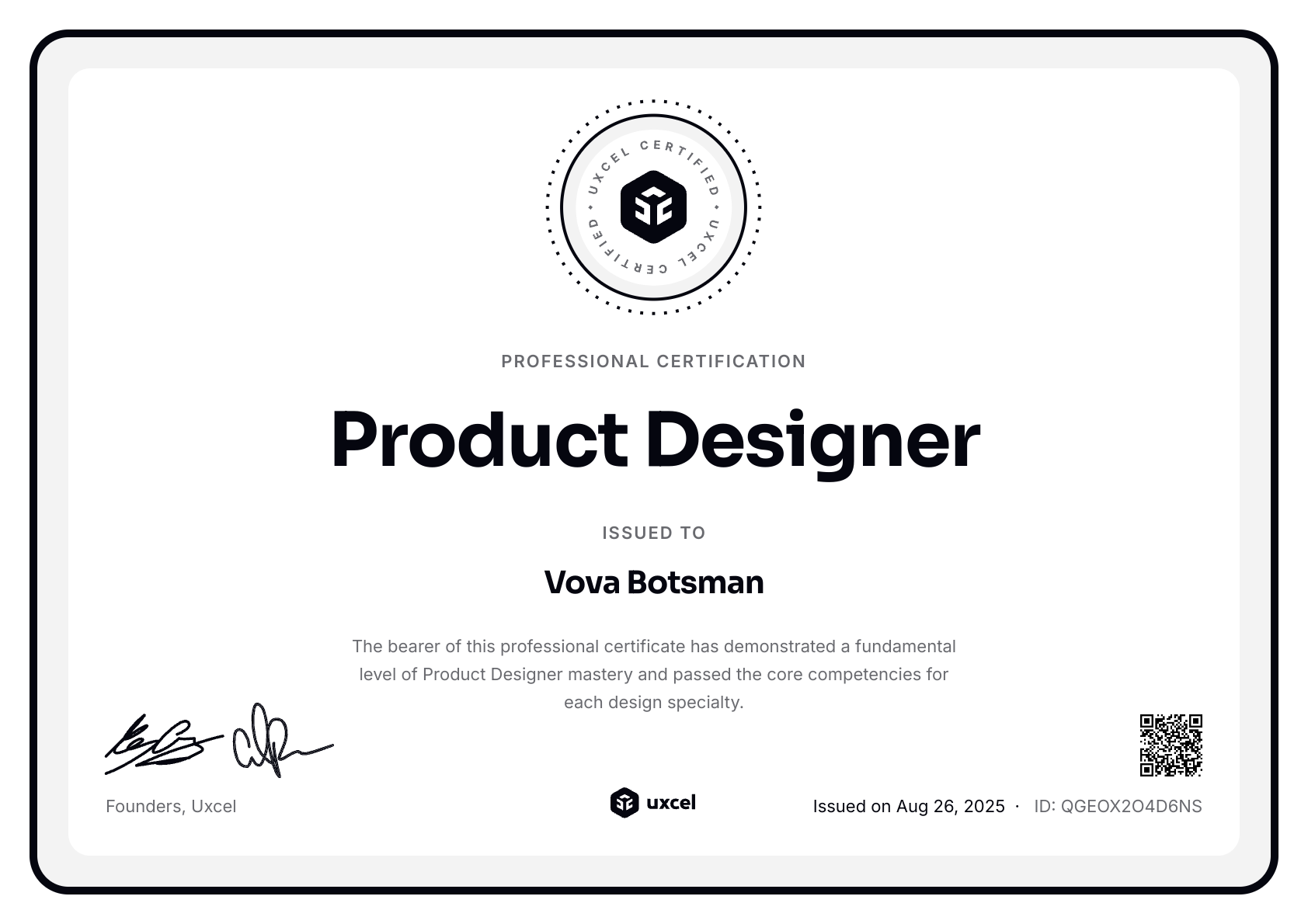 Product Designer Professional Certification certificate